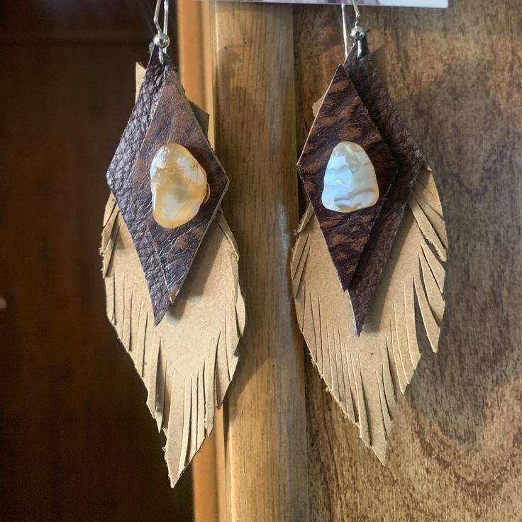 Gorg! Brand New Handmade One Of A Kind Beauties - These Give Me Tribal Vibes! Love The Semi Precious Agate Stones That Shine When In The Sunlight Genuine Leather Amazing 70s 80s Elegant Brown Leather Jewelry, Bohemian Hand-tooled Leather Earrings, Beige Leather Jewelry, Handmade Leather Bohemian Earrings, Handmade Rustic Leather Earrings, Elegant Leather Jewelry For Festivals, Brown Hand Tooled Earrings For Festival, Hand-tooled Brown Earrings For Festival, Bohemian Leather Teardrop Earrings