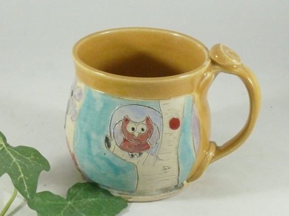 Coffee Mug, Handmade Ceramics and Pottery Mug, Hand carved ceramic coffee mug, Owl Mug, ceramic tea cup, stoneware mug, gift for boss  This coffee mug is perfect for anyone who likes a cup of coffee or tea in an artistic, handmade cup. This colorful cup is great piece of pottery as well as a work of art. Its perfect for hot tea, coffee, chai, hot chocolate or any other favorite beverage. I made this on my pottery wheel out of durable stoneware clay, carving in the woodland design complete wit... Ceramic Beer Mug Handmade Pottery, Clay Beer Stein Pottery Mugs, Ceramic Mug With Animal Inside, Bear Ceramic Mug, Owl Mugs Pottery, Owl Mug, Handmade Cups, Ceramic Tea Cup, Pottery Wheel