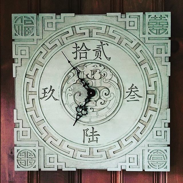 a clock that is on the side of a wooden door with chinese writing and symbols