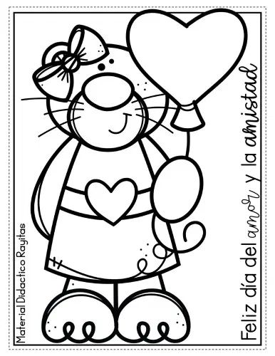 a coloring page for valentine's day with a cat holding a heart shaped balloon