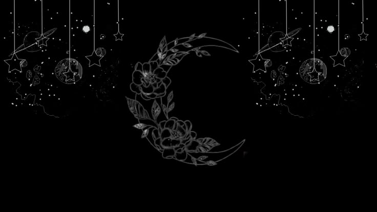 the moon and stars are hanging in the night sky with flowers on it's side