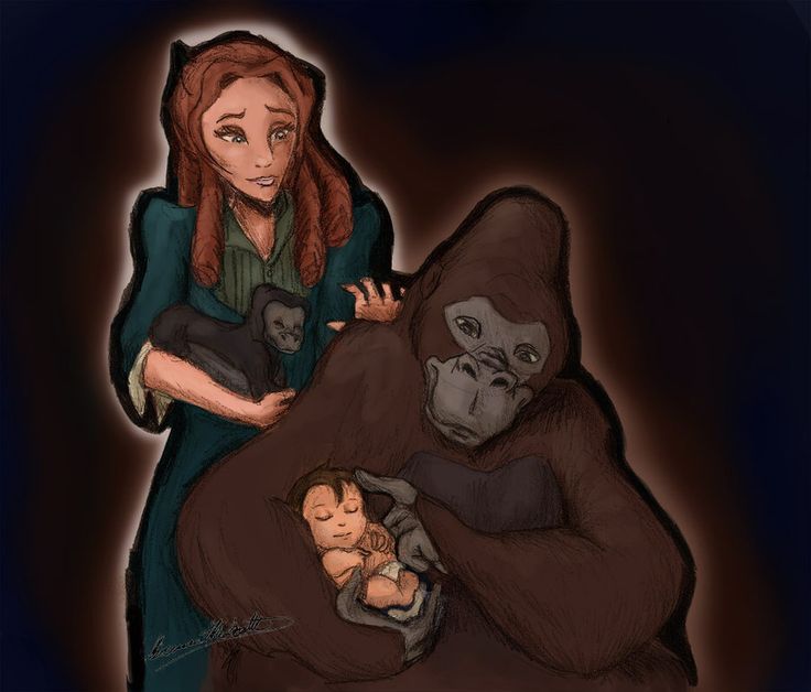 a drawing of a woman holding a baby and an orangutan in her arms