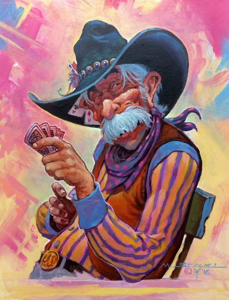 a painting of an old man with a cowboy hat and holding playing cards in his hand