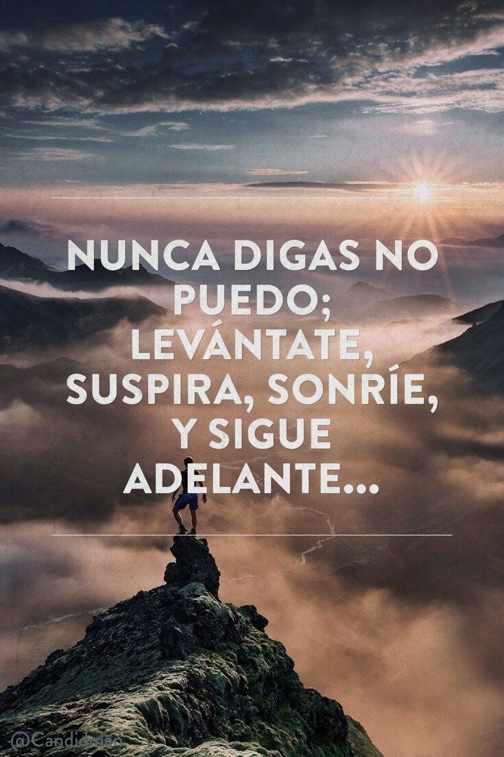 a person standing on top of a mountain with clouds in the sky behind them and an inspirational quote above it