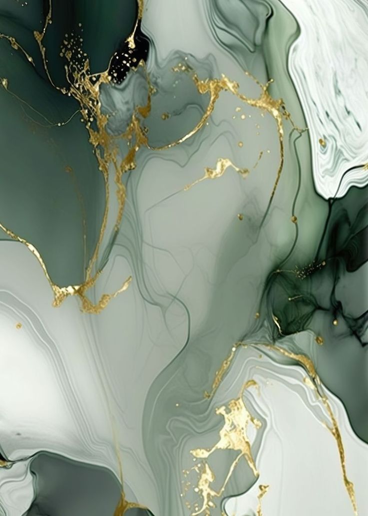 an abstract painting with gold and green paint on it's surface, as well as black