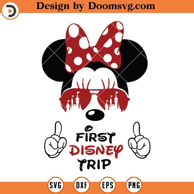 minnie mouse with red glasses and polka dots on it's head, saying first disney trip