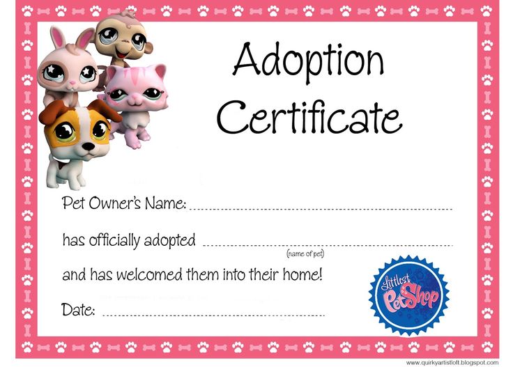 a pink certificate with three littlest pet dogs on it's front and bottom