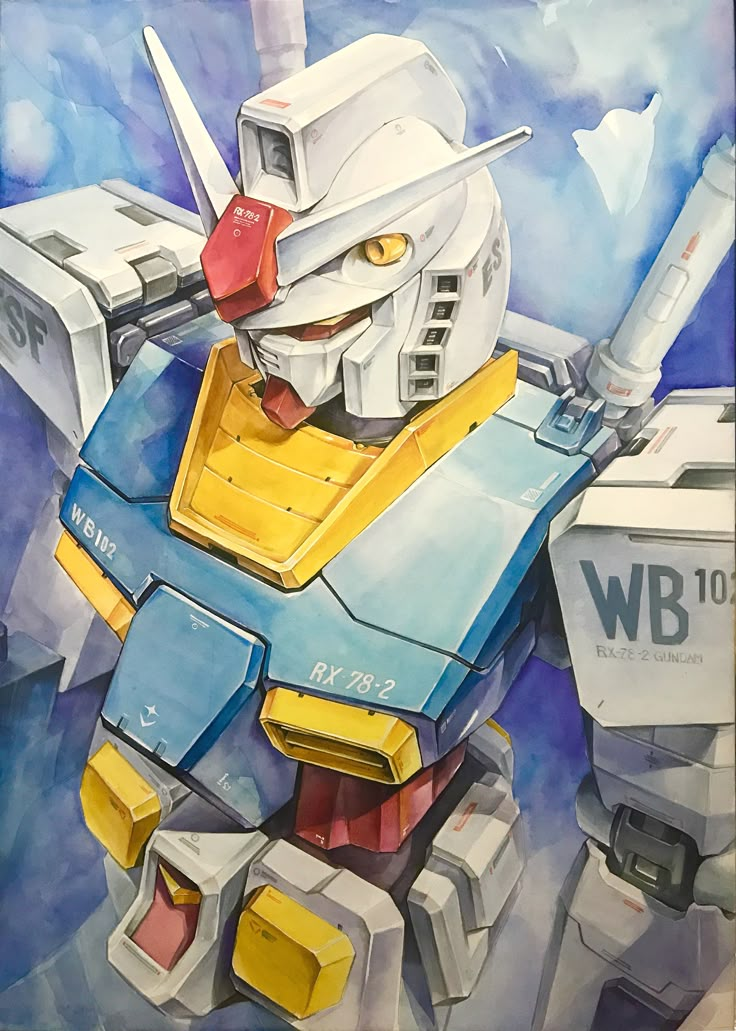 a painting of a robot with yellow and blue colors