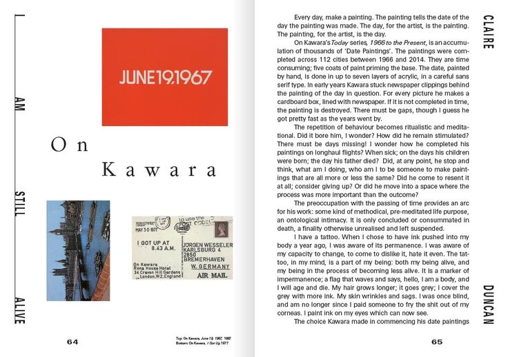 an open book with the title on kawara written in red and black ink