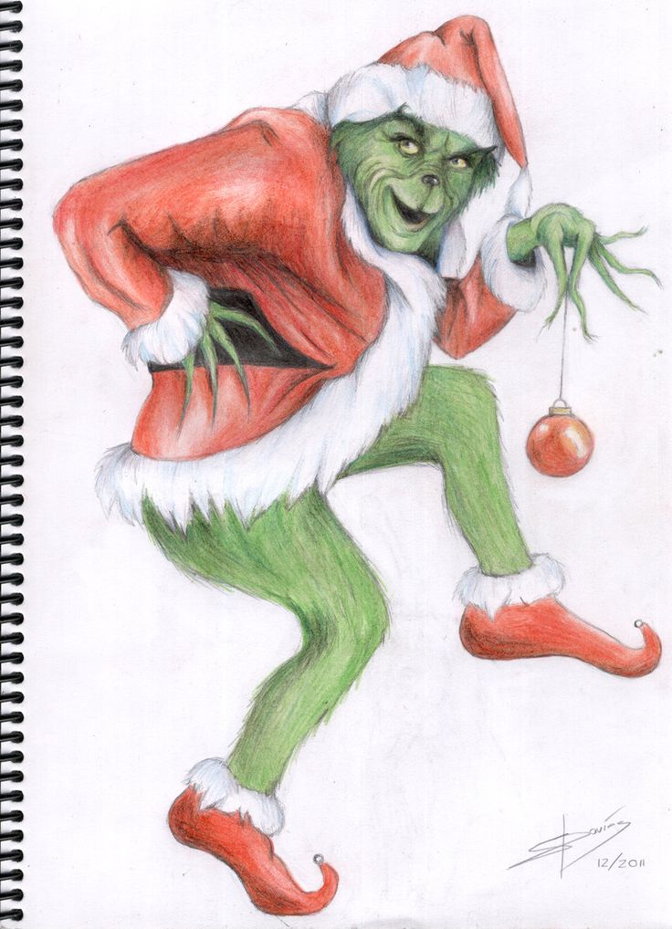 a drawing of the grinch running with an ornament in his hand