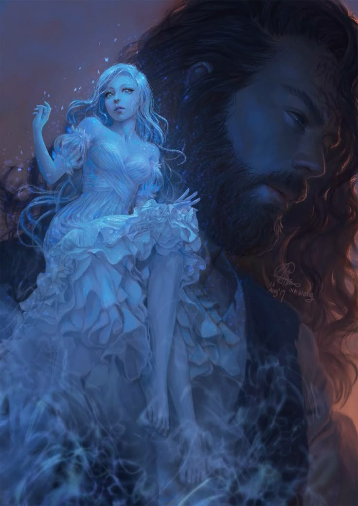 a man with long hair and beard sitting next to a woman in a blue dress