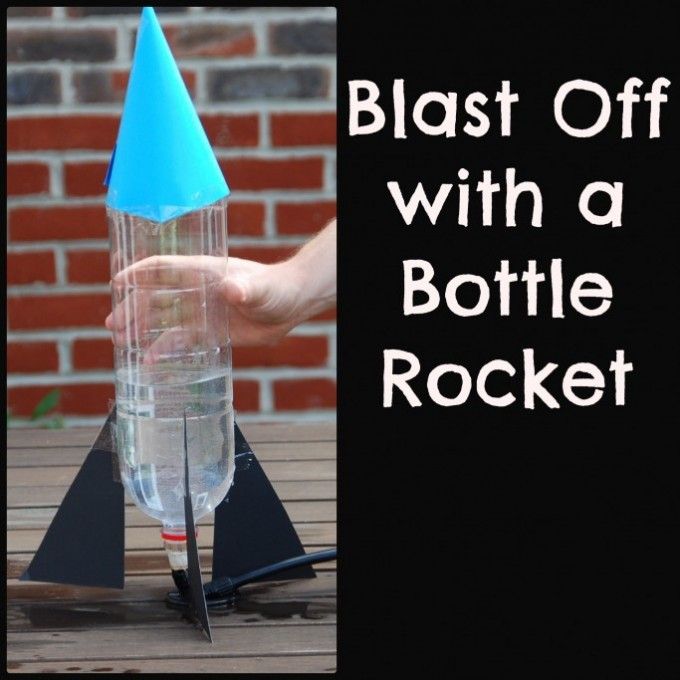 a hand holding a plastic bottle rocket with the words blast off with a bottle rocket