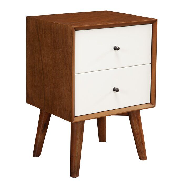 a wooden and white nightstand with two drawers on one side, against a white background