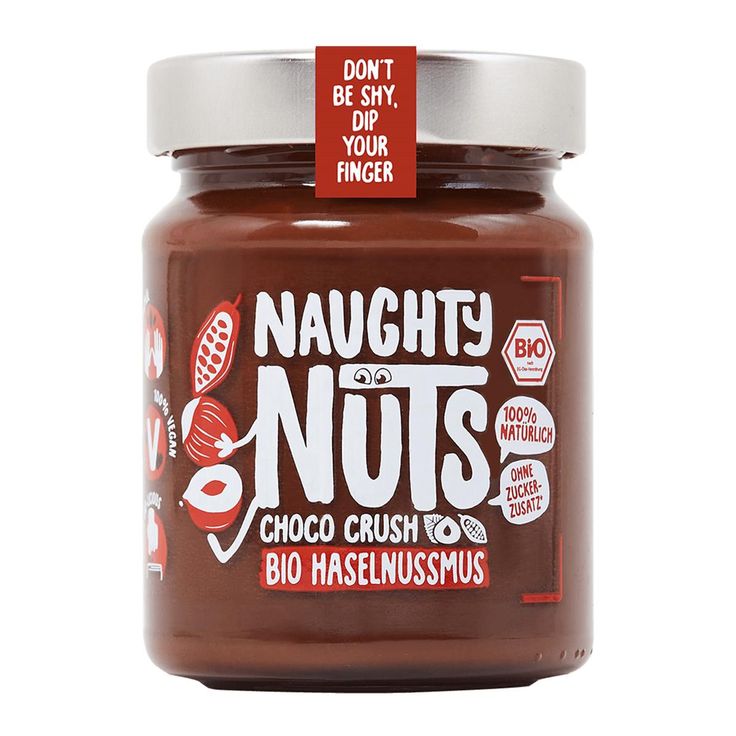 a jar of nut butter with a red tag on it that says, naught nuts choco crush