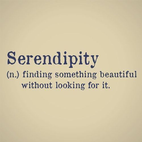 the words serendipity are written in blue ink on a beige paper background