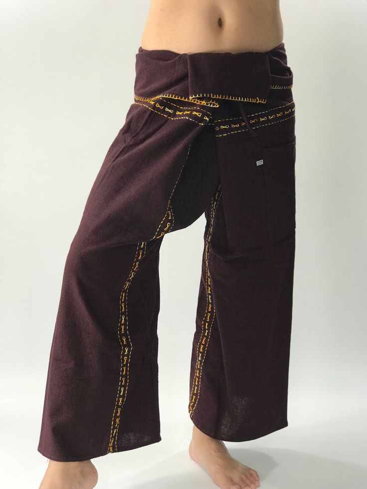 "Unisex Thai fisherman pants. One size fits all. You can wear in many occasions, casual wear, yoga wear, maternity wear, relax at home, travel etc. If you are looking for some pants that you can wear everywhere, comfortable, relax and Easy to wear. Thai fisherman pants is Answer!! Nice gift for yourself or your lover One pocket on the side for storing your items such as wallets, mobile phones, etc Approx. Measurements: One size can fits most and 1 Pockets Measurement Waist 27\" (69 cms) Length 4 Thai Fisherman Pants, Fisherman Pants, Wrap Pants, Unisex Pants, Hand Stitch, Lower Leg, Pants Wide Leg, Maternity Wear, Yoga Wear