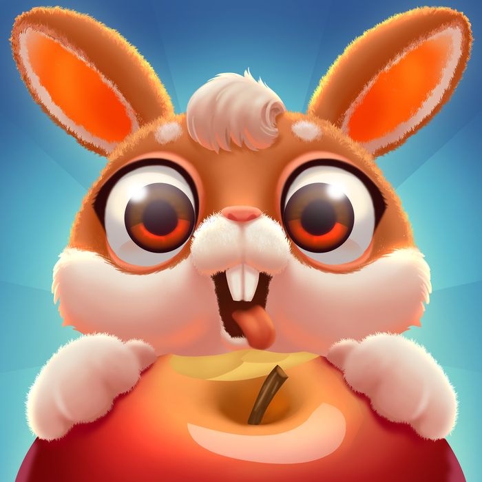 a cartoon bunny eating an apple with his tongue out and eyes wide open to the camera