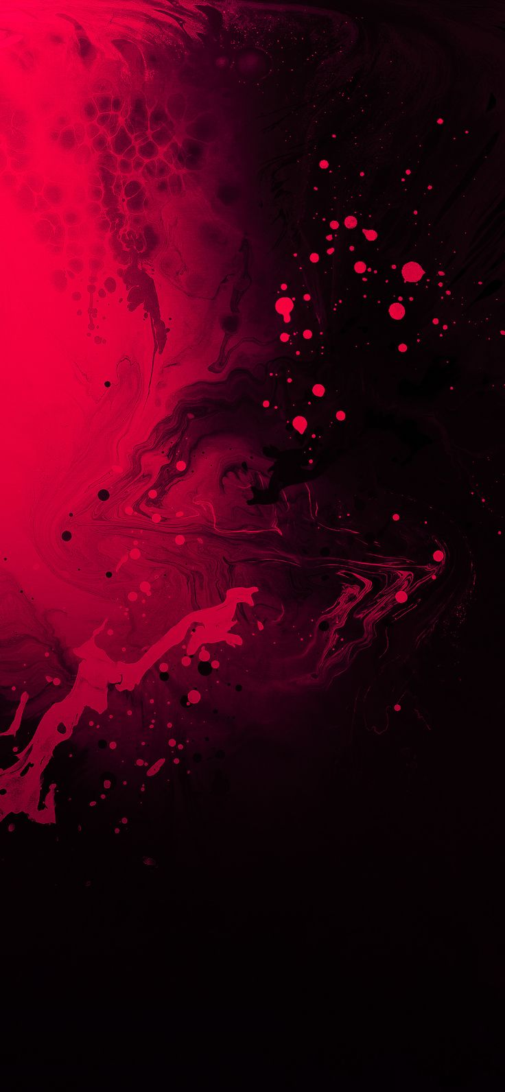 an abstract painting with red and black paint on it's side, as well as pink