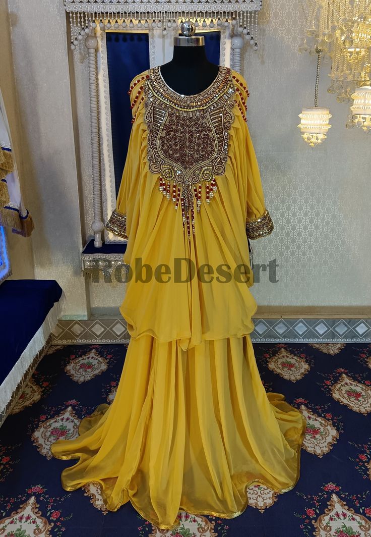 Goolden Yellow Designer Islamic Moroccan Caftan Fancy Maxi Dubai Farasha Wedding Kaftan Gown Arabian Takchita Caftan For Women Dress by TheRobeDesert on Etsy Gold Dabka Dress For Reception, Gold Dabka Reception Dress, Traditional Gold Gown With Dabka, Gold Gown With Dabka In Traditional Drape Style, Gold Georgette Dress With Dabka Detailing, Gold Georgette Dresses With Dabka Embroidery, Gold Floor-length Sets With Dabka Work, Gold Dabka Embroidered Georgette Dresses, Traditional Gold Dabka Gown