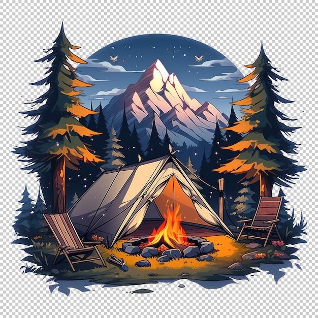 a campfire with a tent and chairs in front of the mountains, surrounded by pine trees