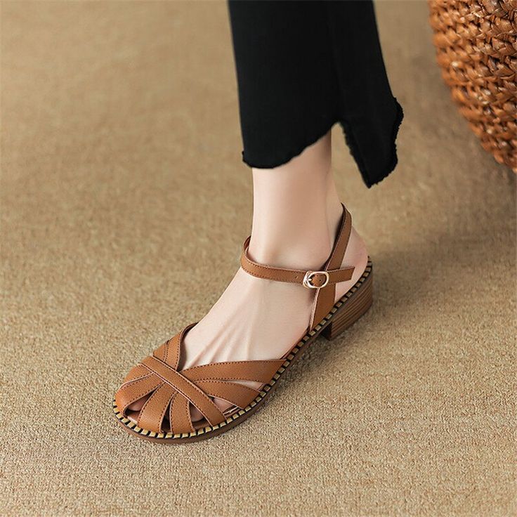 French Vintage Summer Sandals Women Shoe Round Toe Chunky Heel Sandals Shoes for Women Handmade Hollow Out Sandals Zapatos Mujer Casual Low Heel T-strap Sandals For Spring, Chic Low Heel T-strap Sandals For Spring, Casual Slingback Sandals With Low Heel For Beach, Casual Low Heel T-strap Sandals With Heel Strap, Casual Low Heel Slingback Sandals For Spring, Casual Brown Low Heel Sandals, Brown Low Heel Sandals For Summer, Beige Flat Slingback Sandals For Spring, Casual Low Heel T-strap Sandals