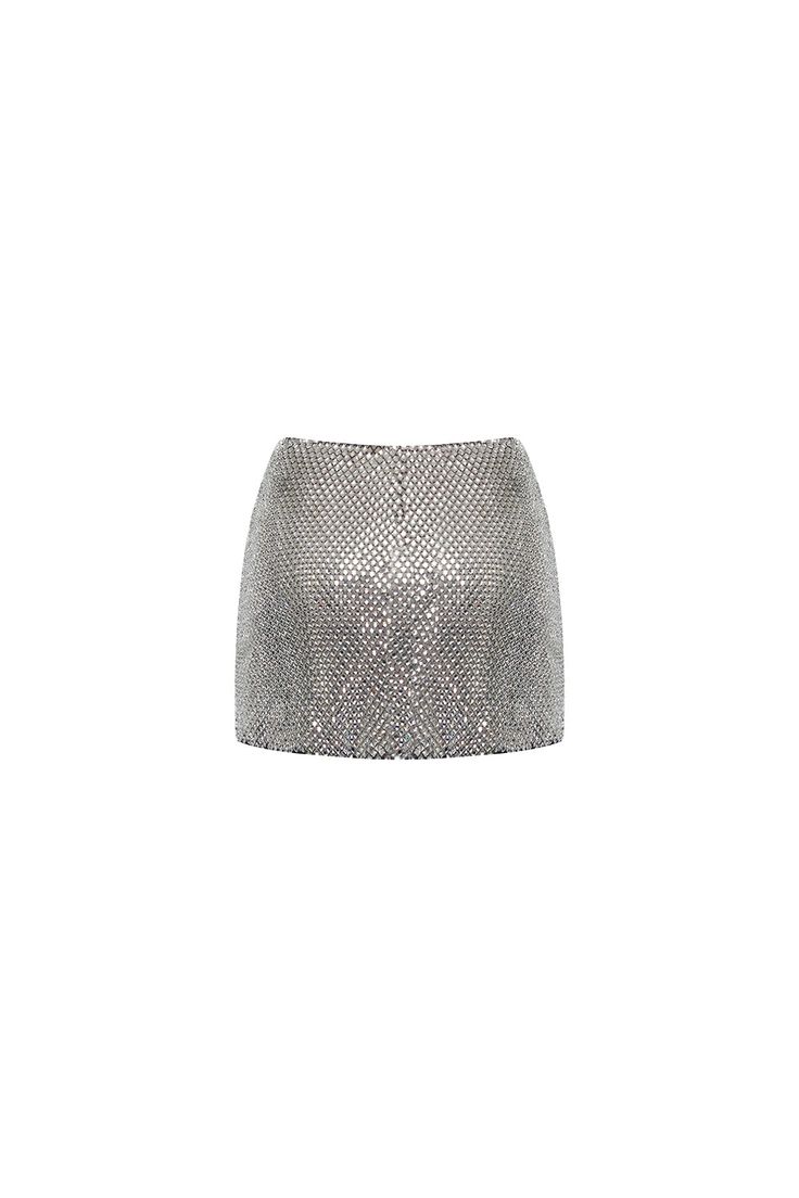 Featuring a flattering A-line silhouette and intricate stone mesh details, this skirt will elevate your look to the next level. Perfect for a night out or a special occasion, this skirt offers both style and sophistication. Luxury Embellished Skirt For Night Out, Luxury Embellished Evening Skirt, Glamorous Silver Summer Skirt, Spring Formal Embellished Skirt, Elegant Sequined Mini Skirt, Embellished Flowy Party Skirt, Party Embellished Flowy Skirt, Embellished Long Evening Skirt, Elegant Mini Skirt With Sequins