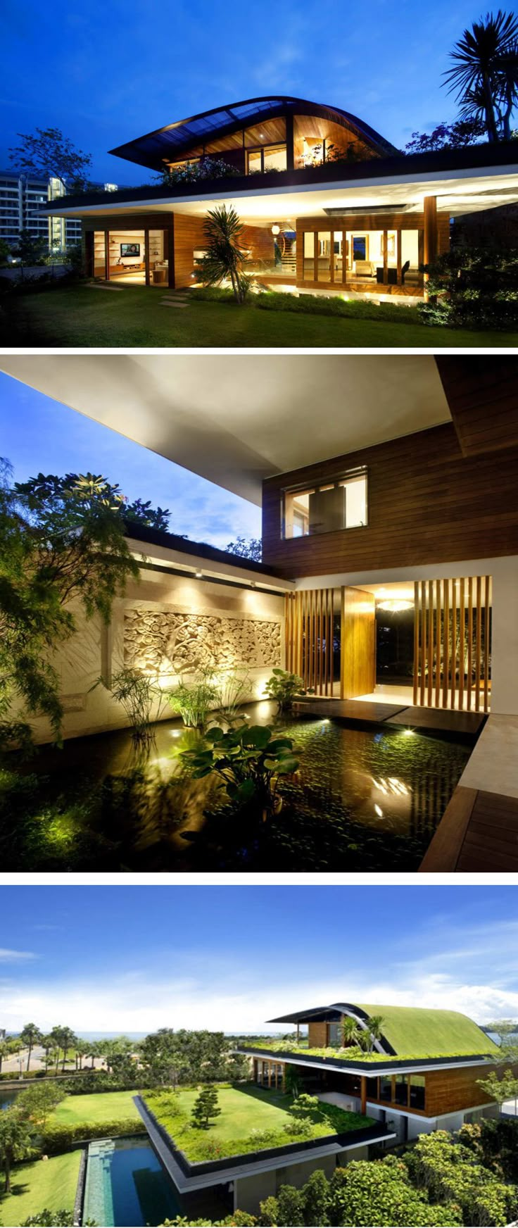 two different views of a house at night and day