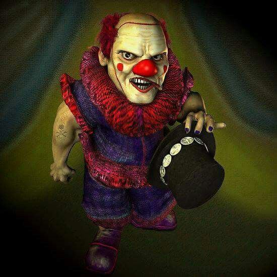 a creepy clown holding a hat and looking at the camera