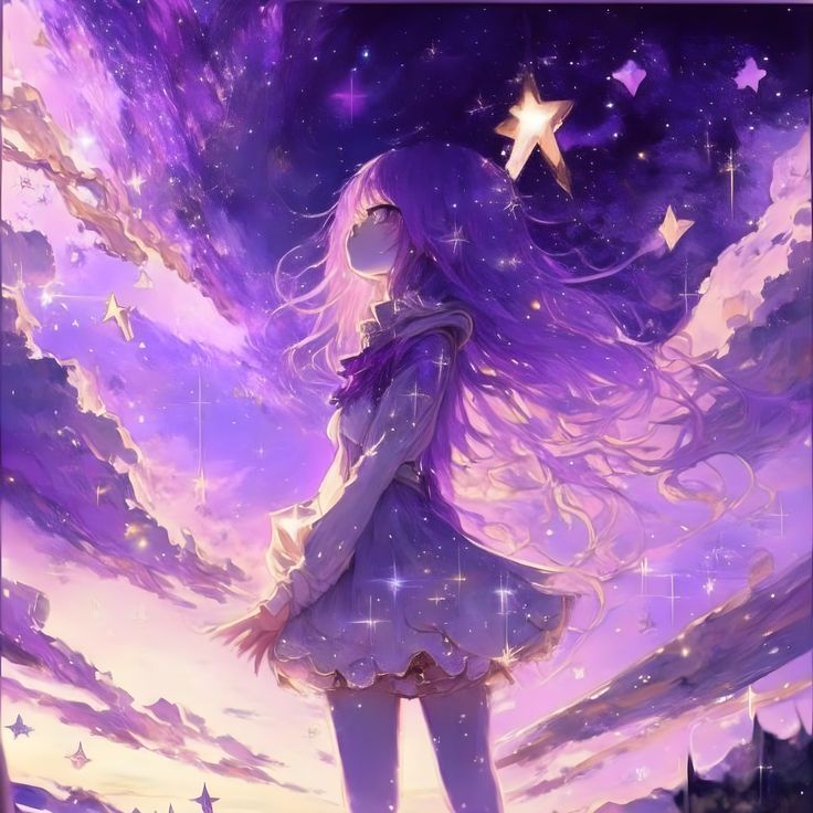 a woman standing in front of a purple sky with stars