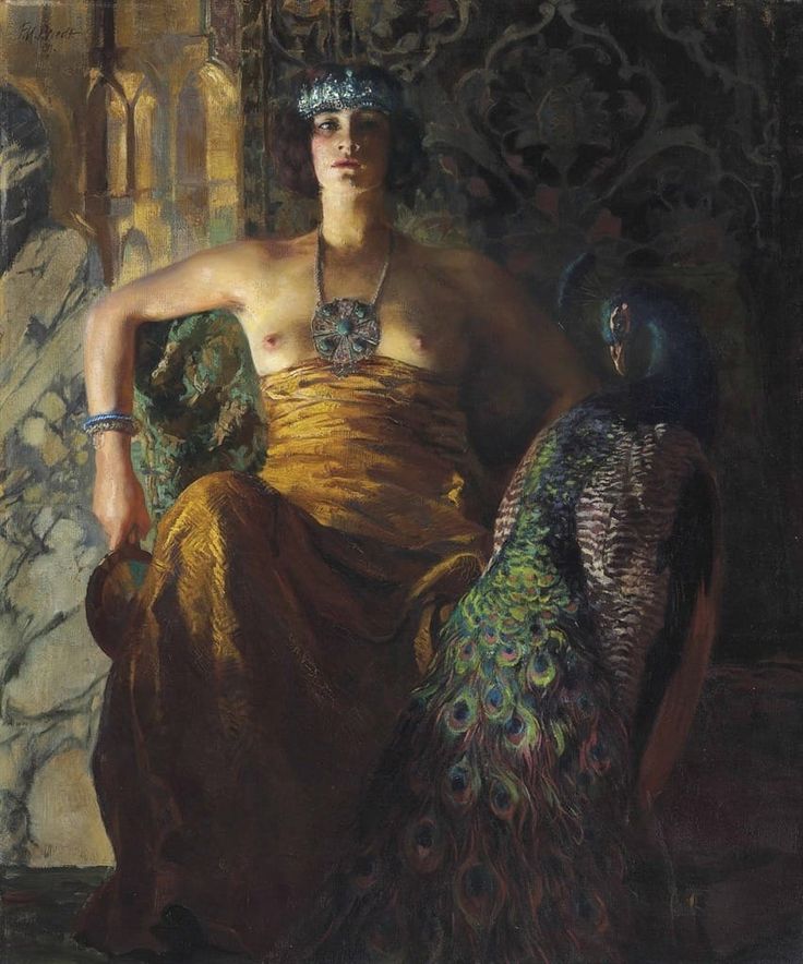 a painting of a woman sitting next to a peacock