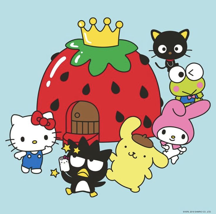 hello kitty and her friends are standing in front of a strawberry house with a cat on it