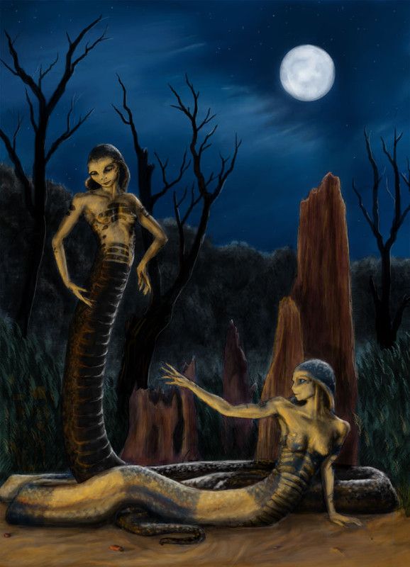 a painting of two people standing next to a large snake in front of a full moon