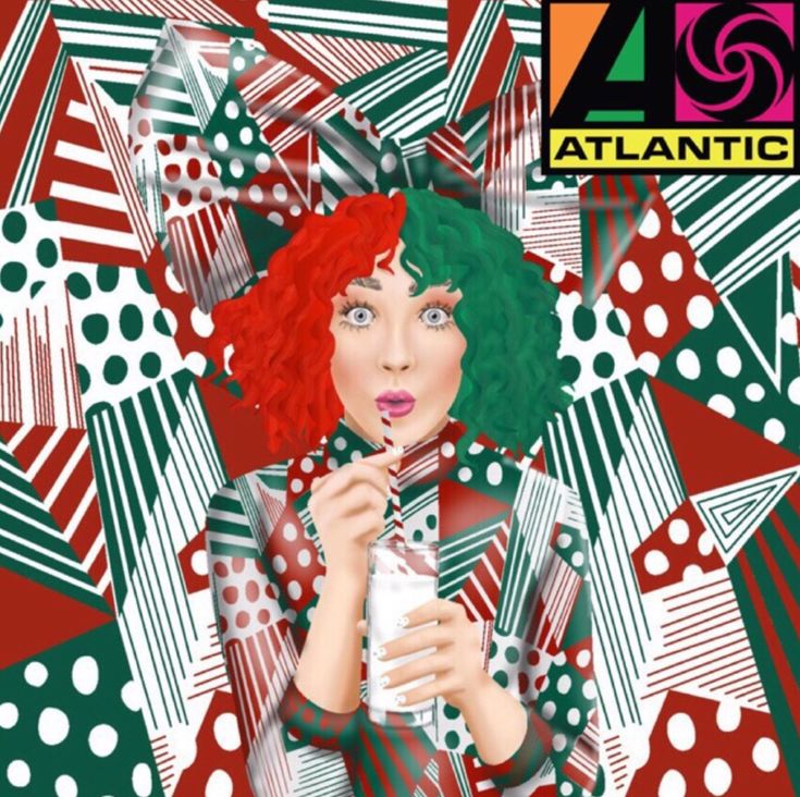 a woman with red hair is holding a drink in front of an abstract background that has stars and dots