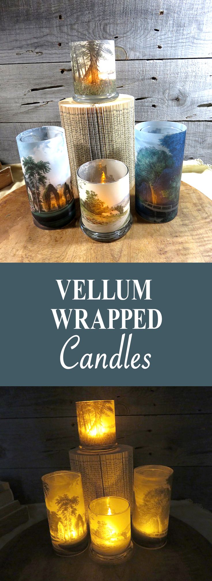 candles are arranged on top of each other with the words, vellum wrapped candles