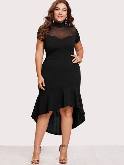 Shop Plus Mesh Insert Frill Dip Hem Dress online. SheIn offers Plus Mesh Insert Frill Dip Hem Dress & more to fit your fashionable needs. Clubwear Plus Size, Mesh Insert Dress, Outfit Clubwear, Trendy Party Dresses, Black Knee Length Dress, Plus Size Party Dresses, Moda Plus, Round Neck Dresses, Ideas Party