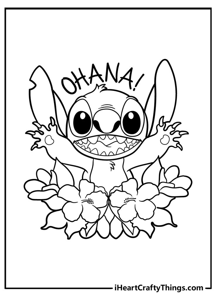 the cartoon character stitchy with flowers in front of it and the word ohana on top