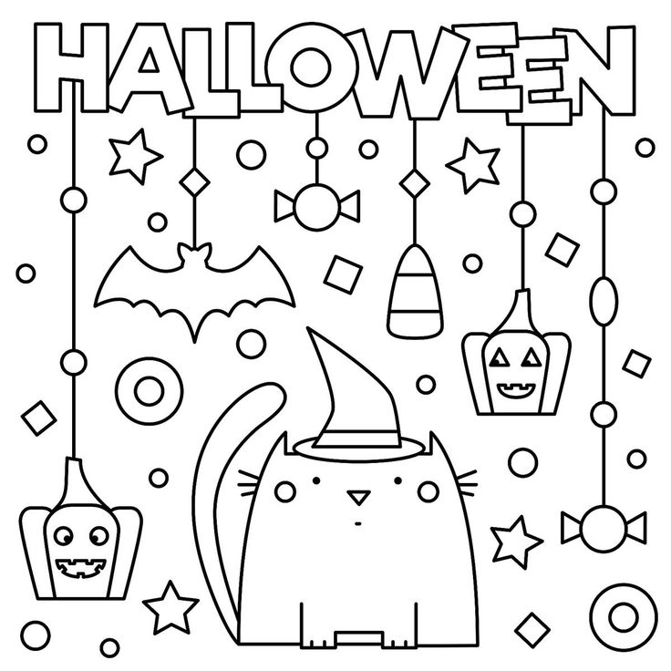 a black and white halloween coloring page with an image of a cat wearing a witches hat