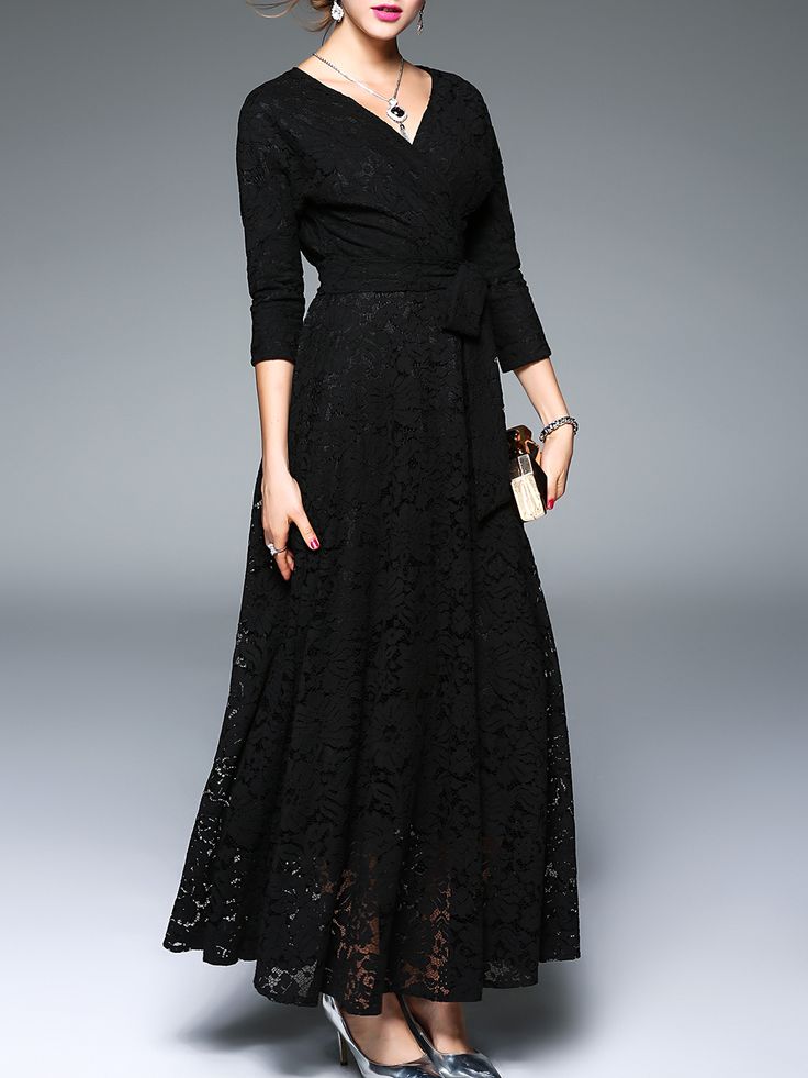 Shop Black V Neck Tie-Waist Maxi Dress online. SheIn offers Black V Neck Tie-Waist Maxi Dress & more to fit your fashionable needs. Shein Black Dress, Dress Online Shopping, Flower Embroidered Dress, Tie Waist Maxi Dress, Party Maxi Dress, Girls Long Dresses, Beautiful Pakistani Dresses, Maxi Dress Online, Pakistani Dress Design