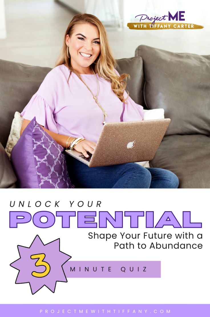 a woman sitting on a couch using a laptop computer with text overlay reading unlock your potential shape your future with a path to abundance