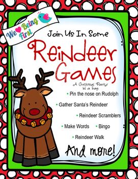 reindeer game for kids to play on the christmas holiday season, with red and white polka dots