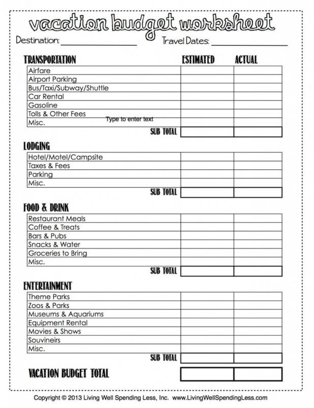 the vacation budget worksheet is shown in black and white, with text on it