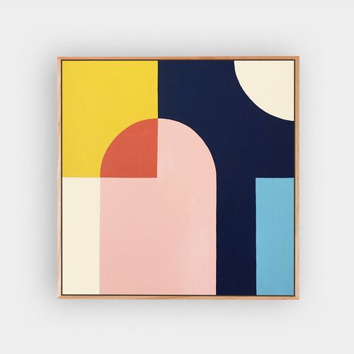 an abstract painting with blue, pink, yellow and orange shapes on it's surface