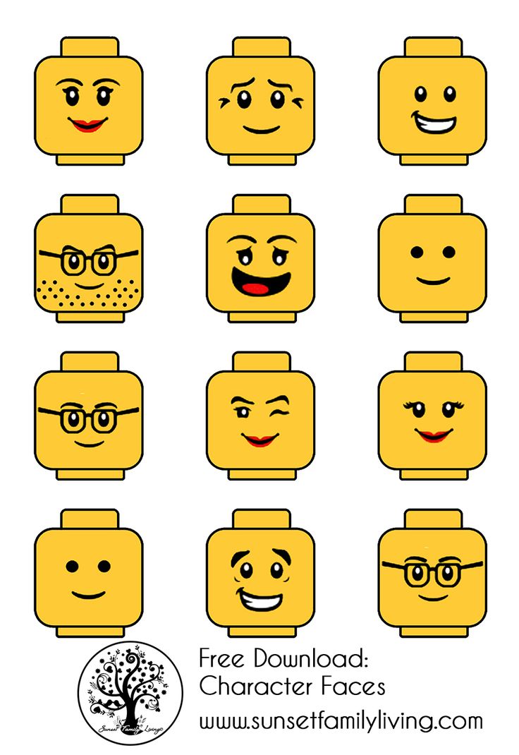 the lego character faces are drawn in different styles and sizes, including one with glasses