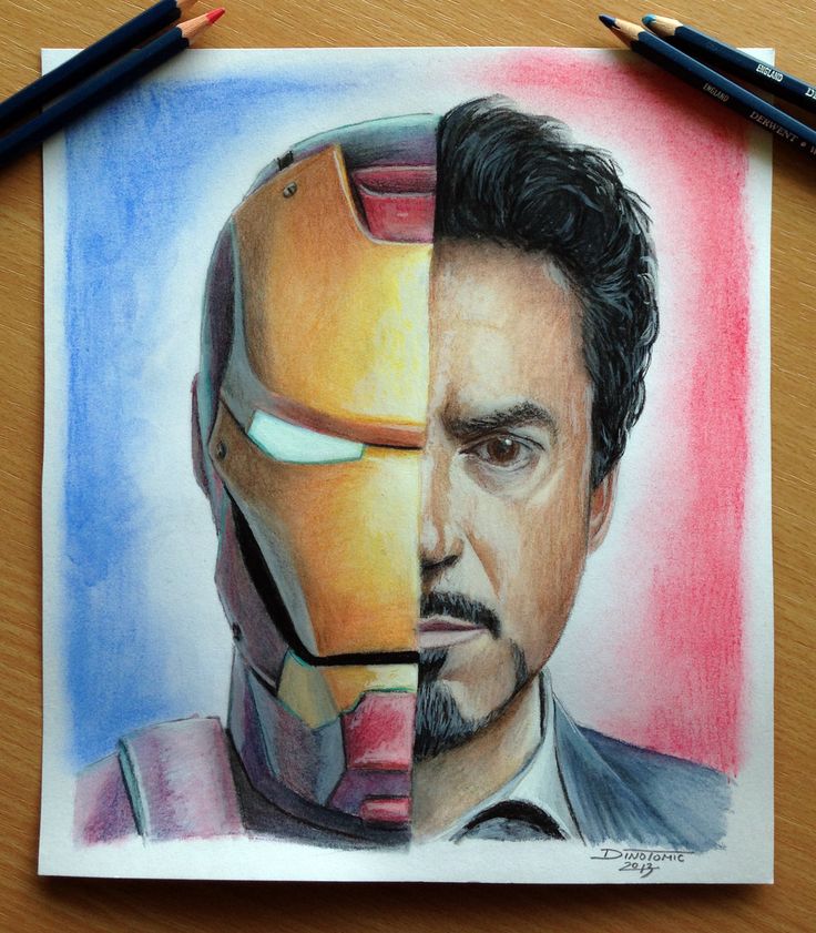 pencil drawing of iron man and tony starke from the avengers movie, with colored pencils