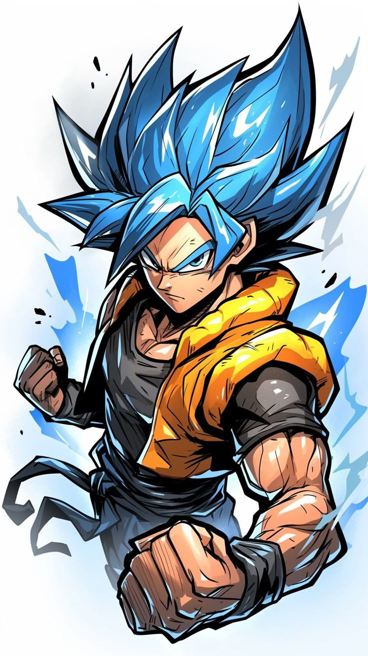 a cartoon character running through the air with blue hair and an orange shirt on his chest