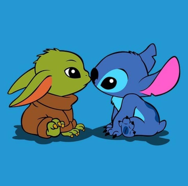 two cartoon characters are sitting next to each other on a blue background, one is kissing the other's cheek