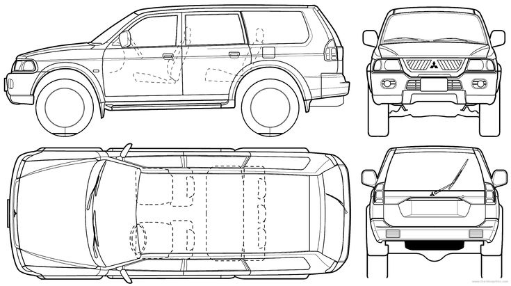 the front, back and side views of an suv with four different angles to each other