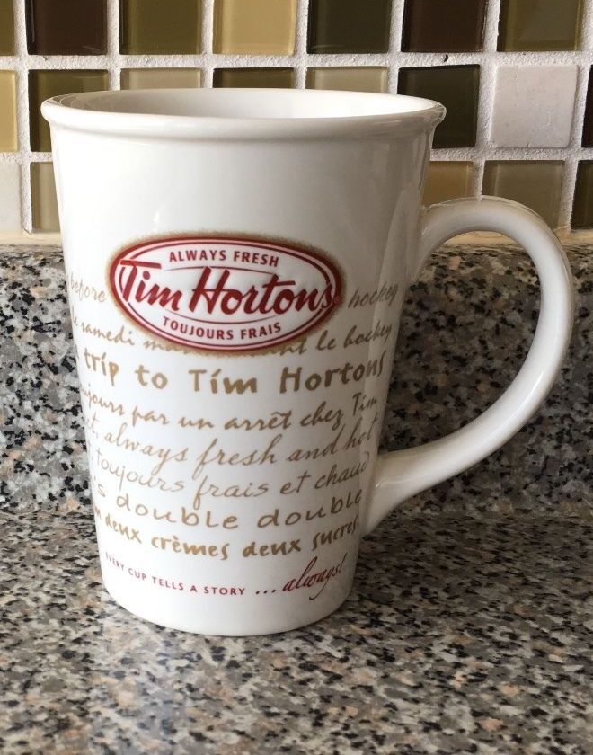 a white coffee cup sitting on top of a counter