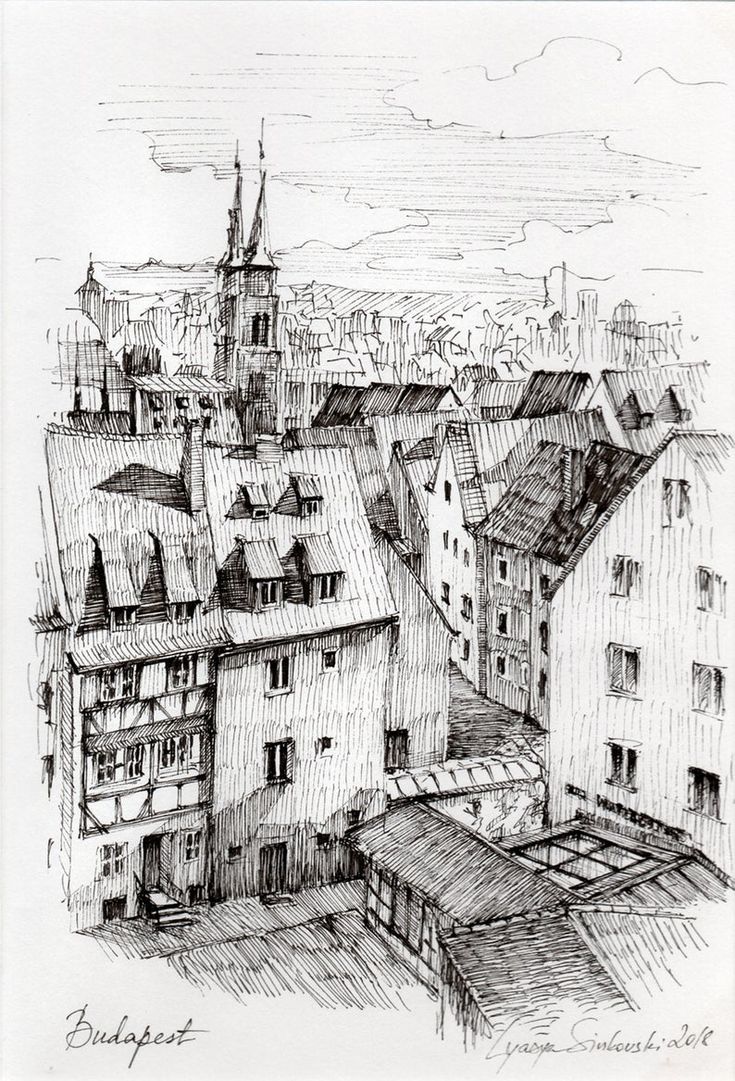 an ink drawing of rooftops and buildings in a city with steeple spires