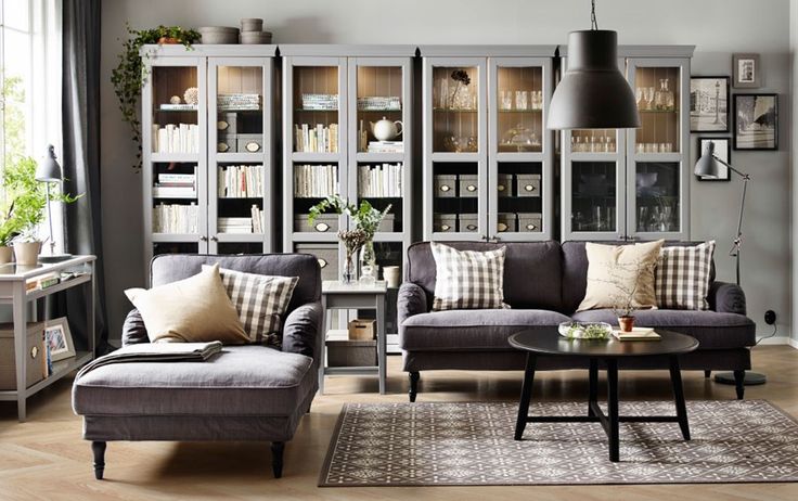 a living room with two couches and a coffee table in front of a bookcase